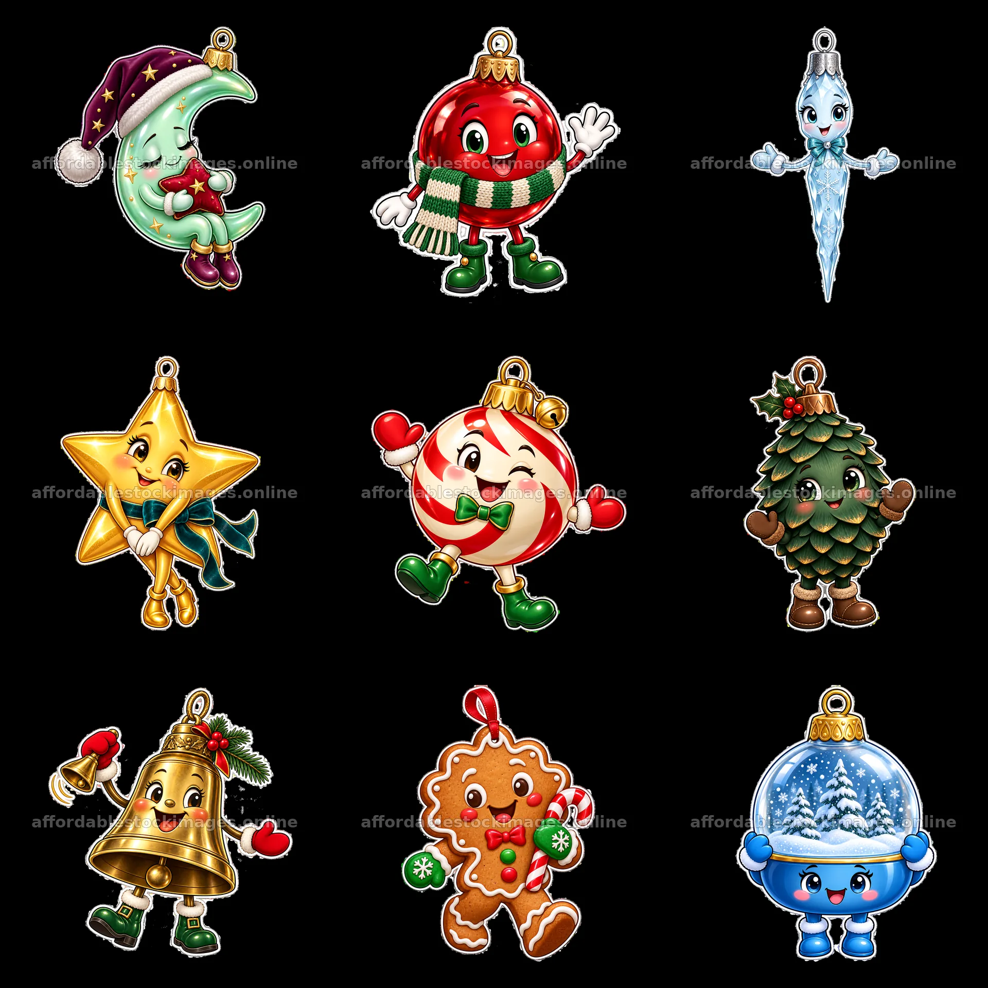 Bright cartoon Christmas ornaments in a 3x3 grid layout – stock images 7746x7746