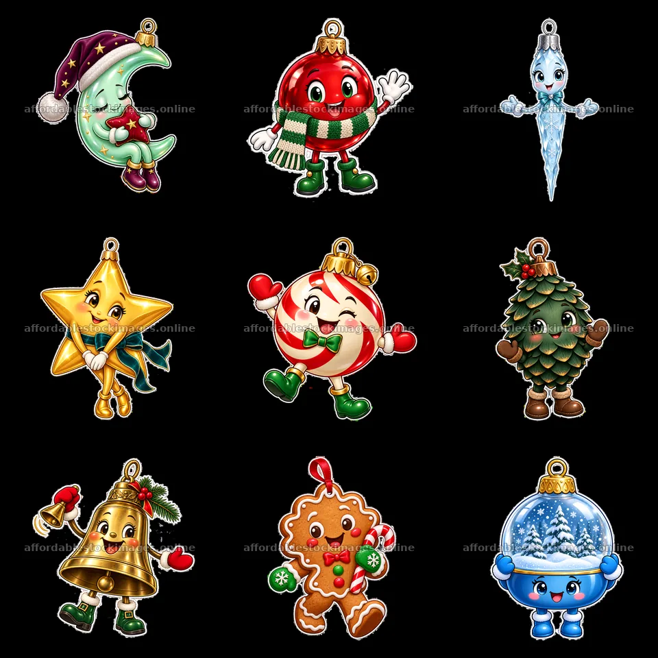 Bright cartoon Christmas ornaments in a 3x3 grid layout – stock images 7746x7746