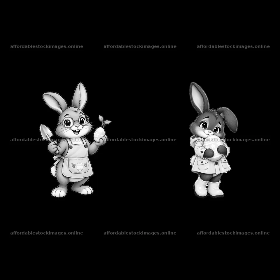 Easter Bunny characters holding eggs with gardening tools – stock images 7746x7746