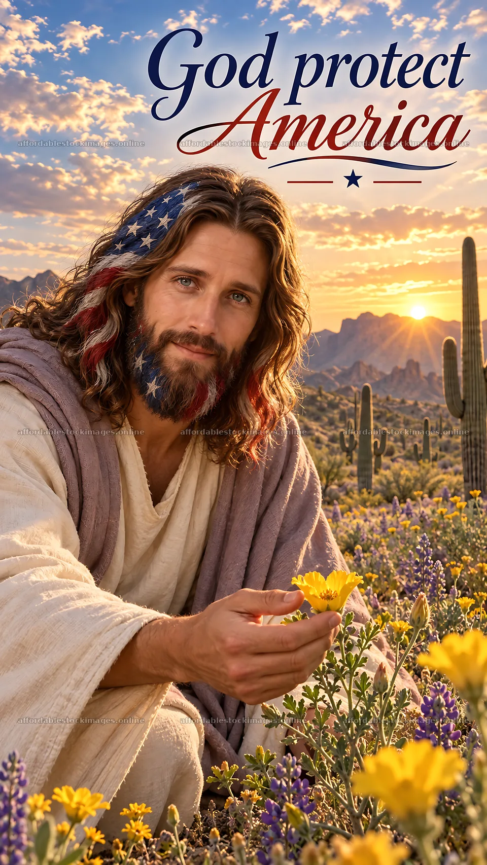 Jesus Christ gathering flowers in a desert landscape – stock images 5811x10326
