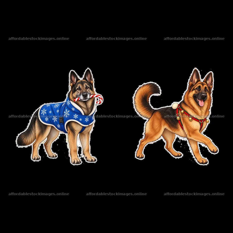 Christmas German Shepherds with festive accessories and colors – stock images 7746x7746