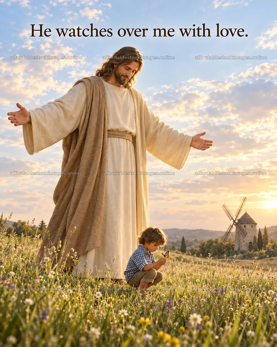 Jesus Christ watching over a child in a field – stock images 6930x8659