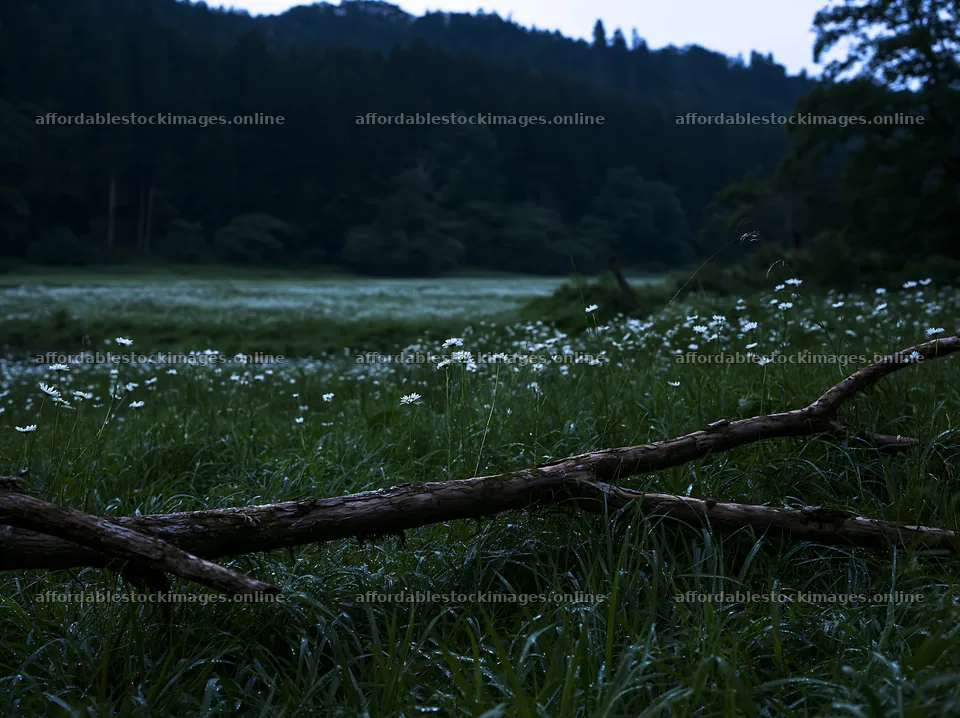 Yamagata rewilded meadow fallen branch foreground in twilight – stock images 9174x6866