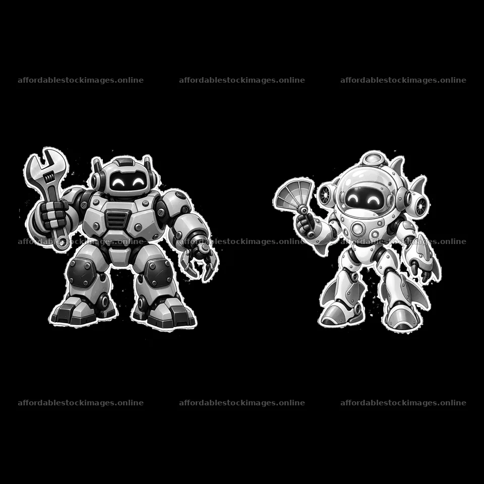 Mech robot characters with tools in black and white illustration – stock images 7746x7746