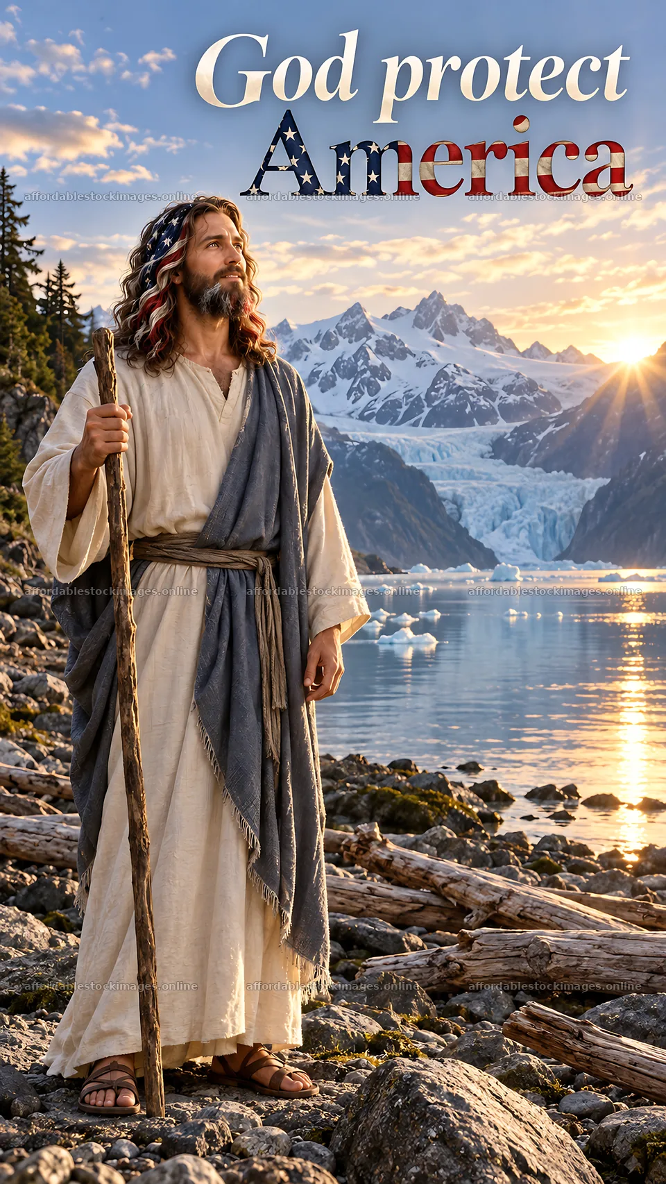Jesus Christ standing by the water with mountains in the – stock images 5811x10326