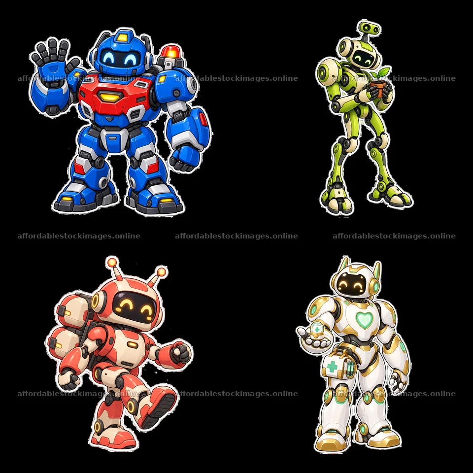 Colorful mech robot cartoon stickers in a 2x2 layout – stock images 7746x7746