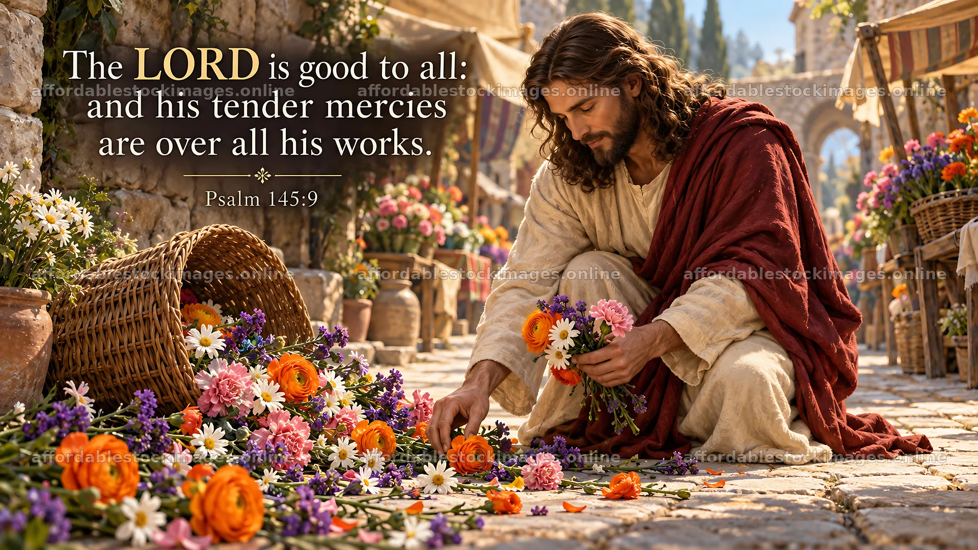 Jesus Christ preparing flowers in a market scene – stock images 10324x5812