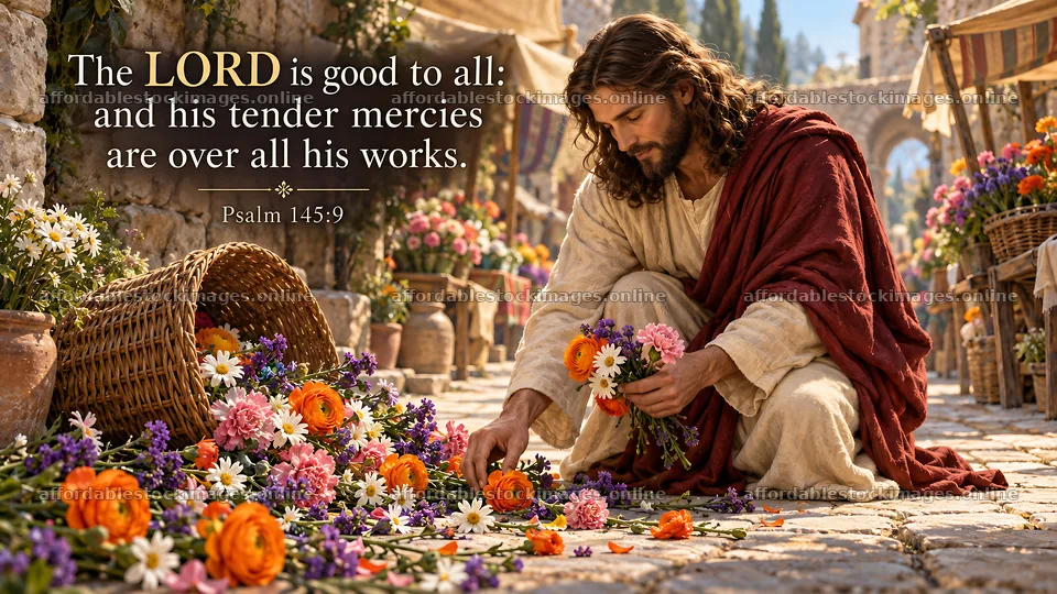 Jesus Christ preparing flowers in a market scene – stock images 10324x5812
