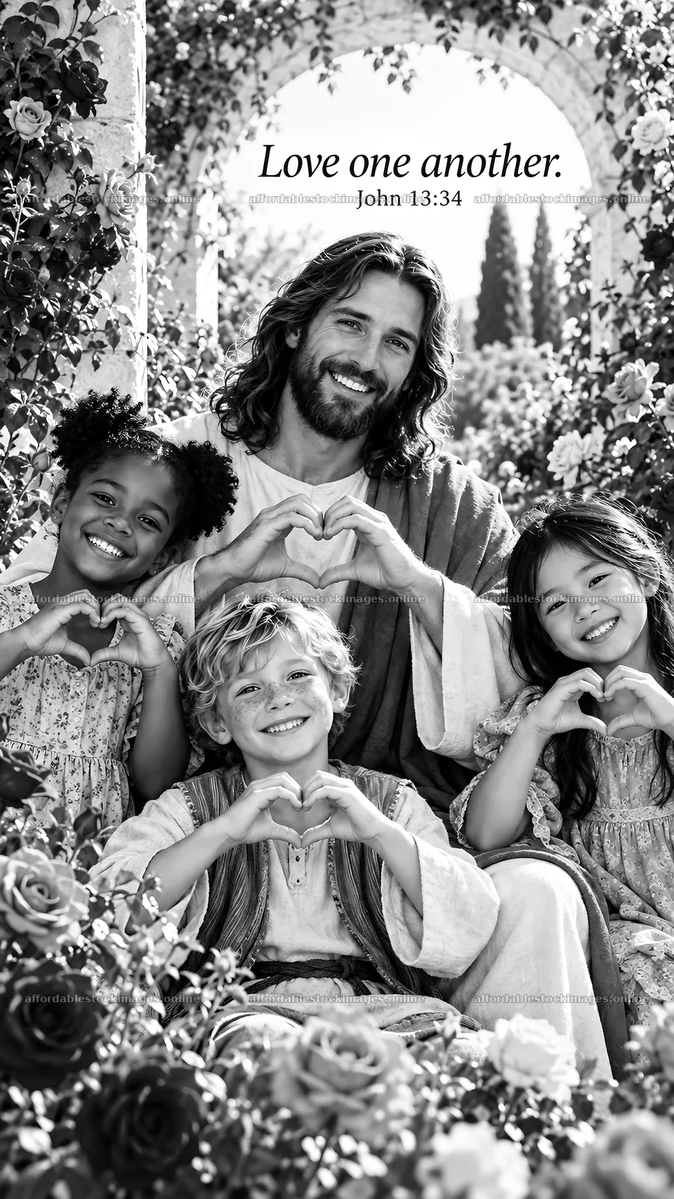 Jesus Christ teaches love with children in a garden scene – stock images 5811x10326
