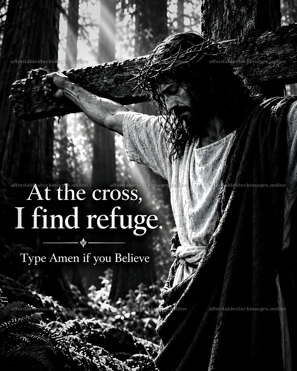 At the cross, I find refuge in the forest – stock images 7100x8872