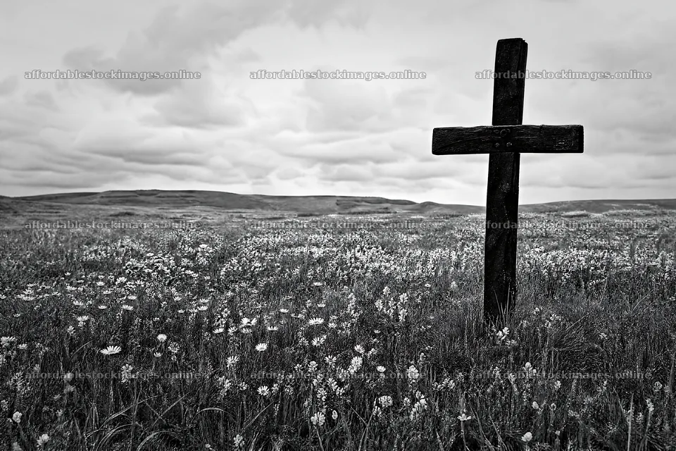 Rustic Christian cross in spring meadow with flowers – stock images 9722x6480