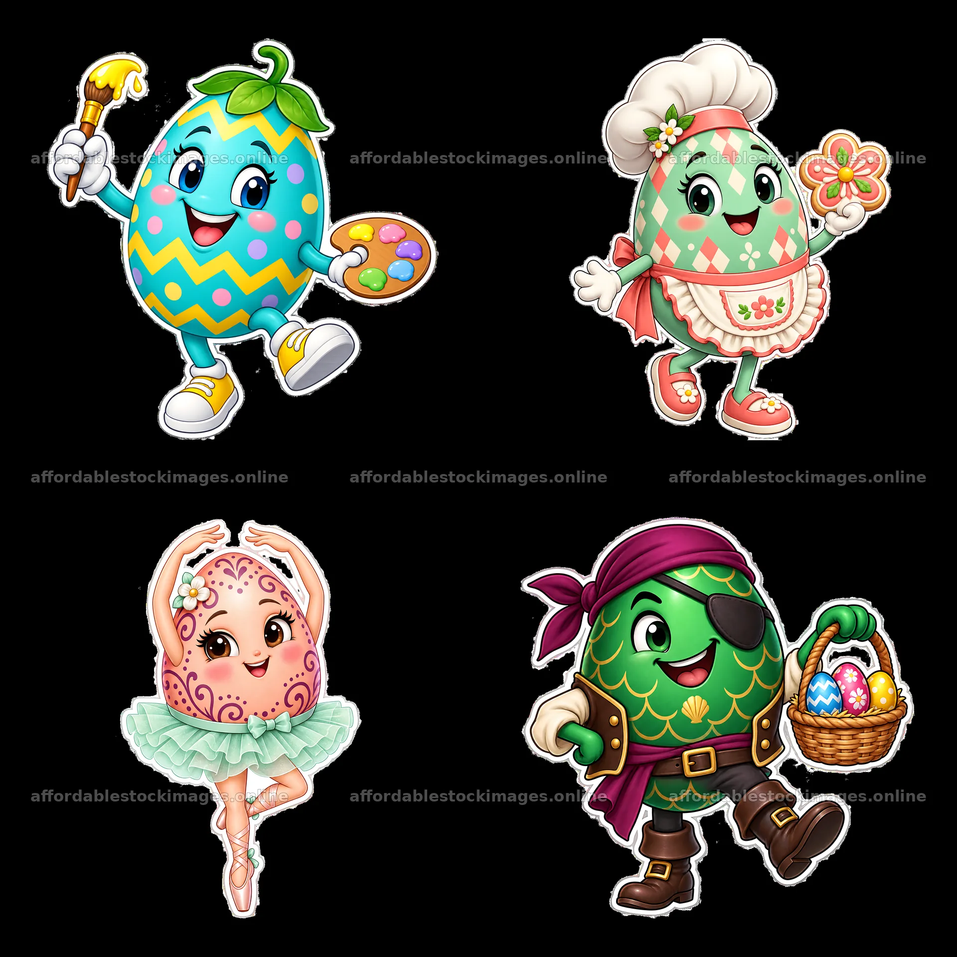 Colorful cartoon Easter eggs in fun costumes and activities – stock images 7746x7746
