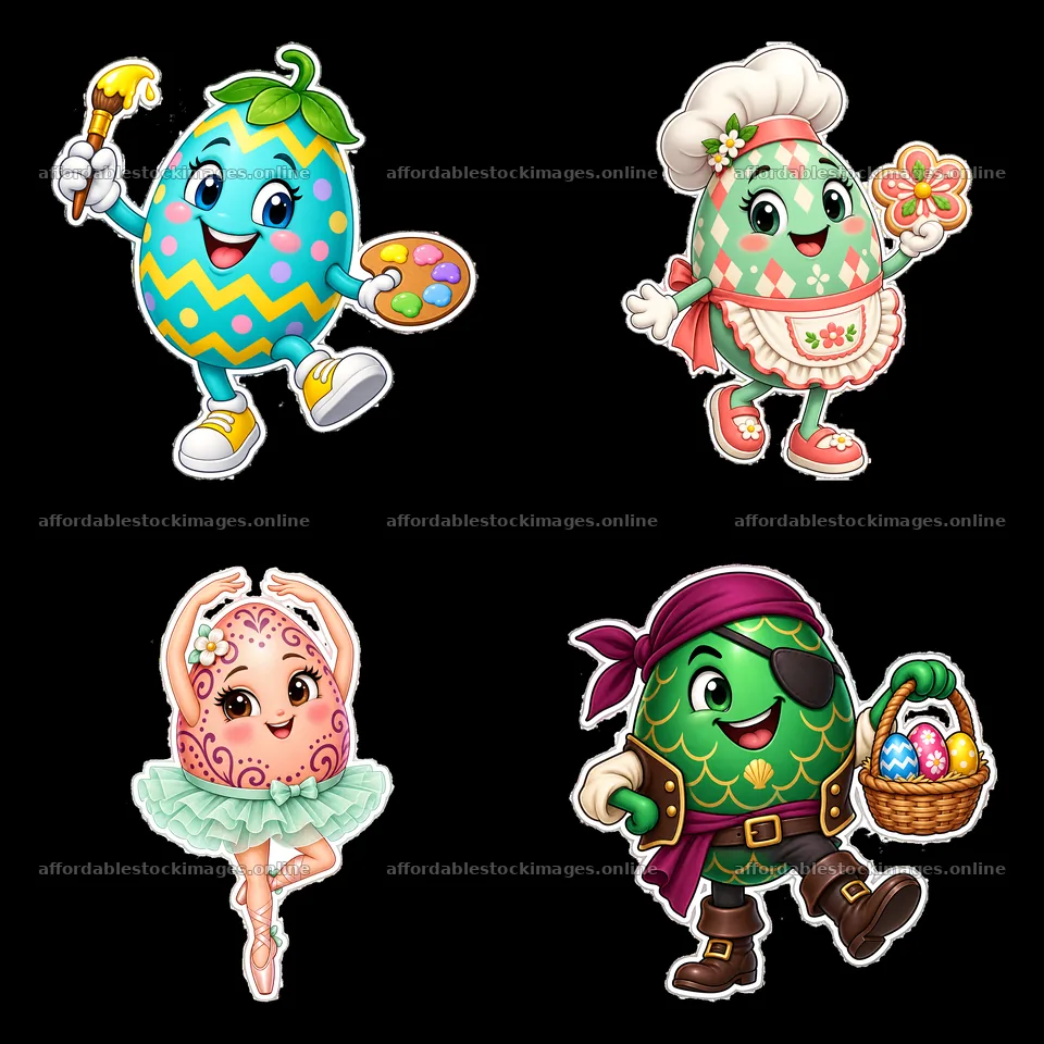 Colorful cartoon Easter eggs in fun costumes and activities – stock images 7746x7746