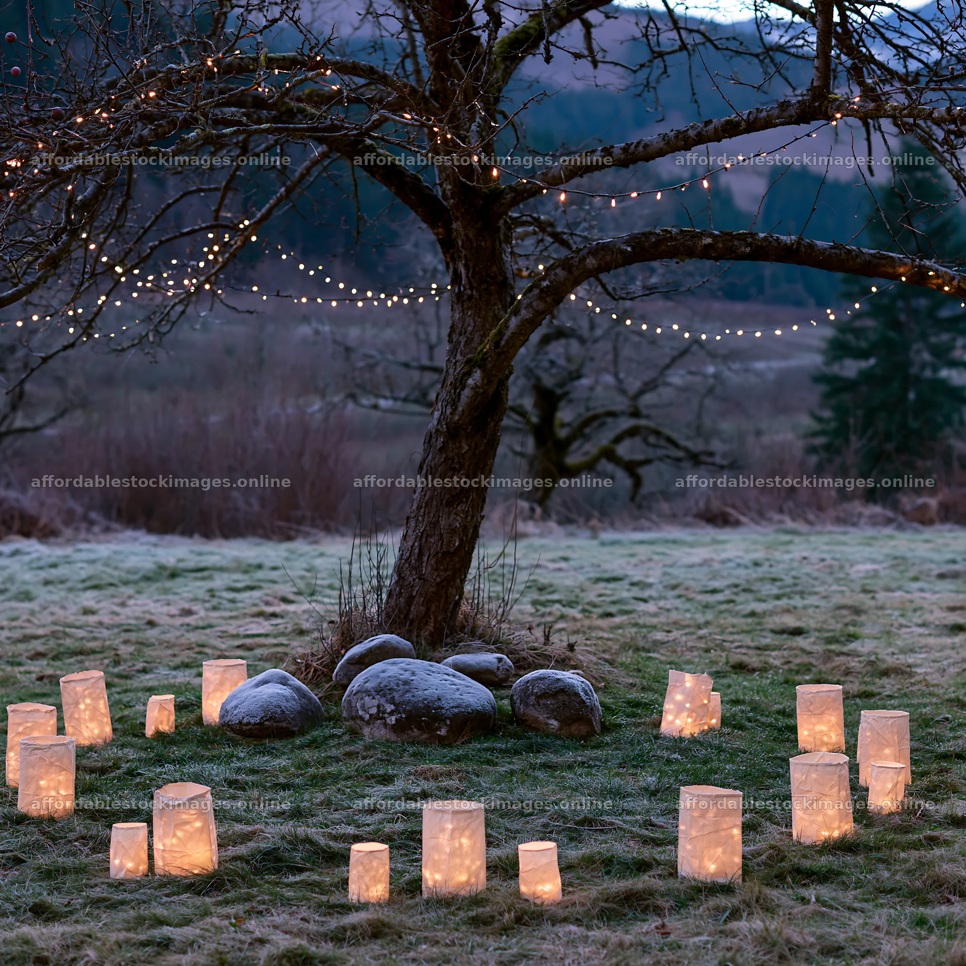 Christmas apple tree meadow with lanterns and frosted stones – stock images 7938x7938