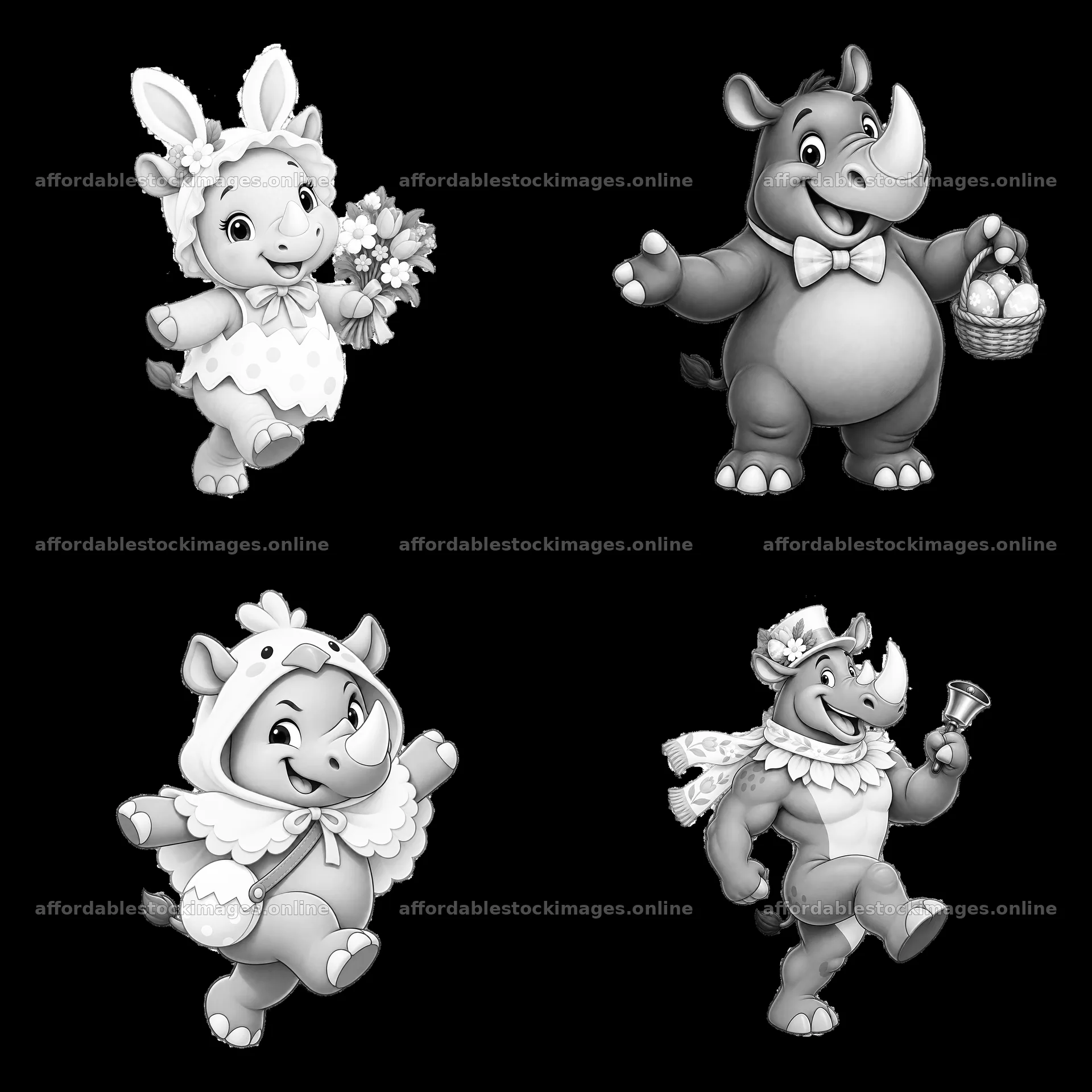 Easter-themed rhinoceros and characters in a 2x2 layout – stock images 7746x7746