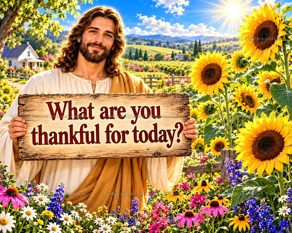 Jesus Christ teaching gratitude and reflection in a flower field – stock images 8659x6930