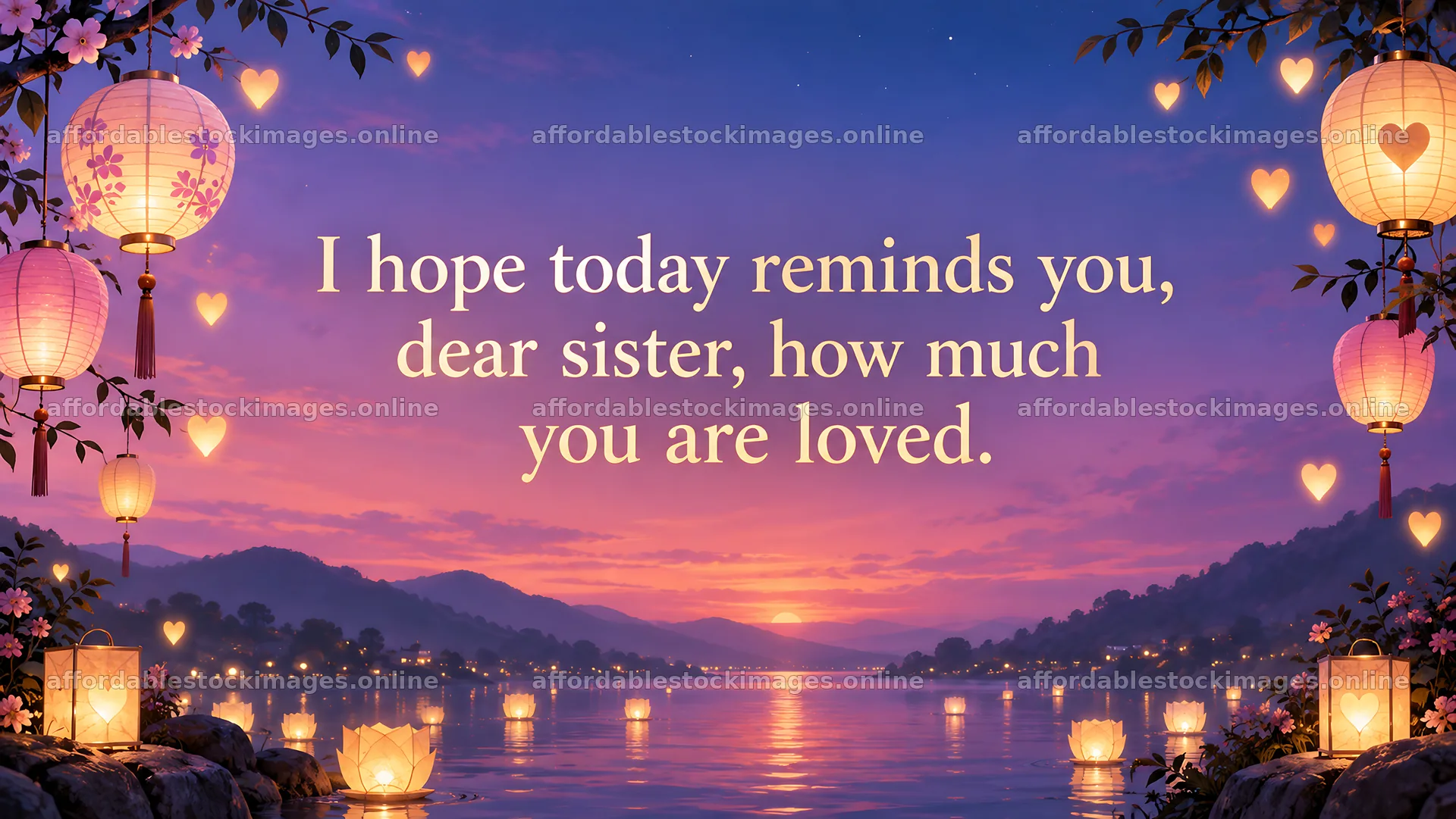 Heartfelt Sister Greeting by a Lantern-Lit Lake – stock images 10324x5812