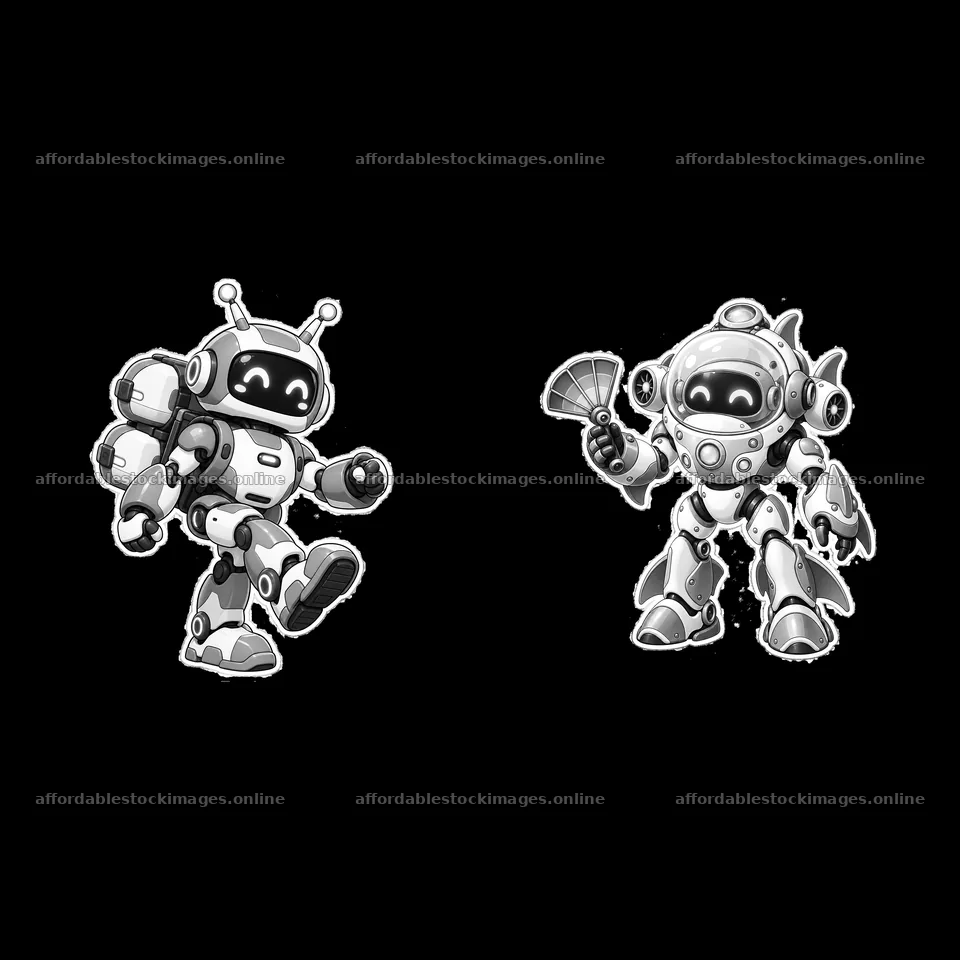 Two cartoon mech robots posing with props – stock images 7746x7746