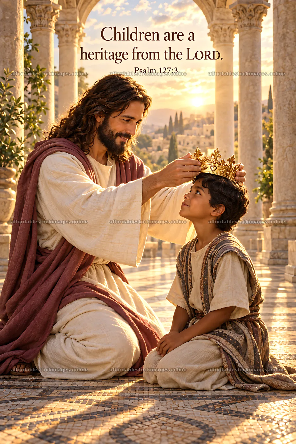 Jesus Christ crowns a child in a moment of gentle guidance – stock images 6480x9722