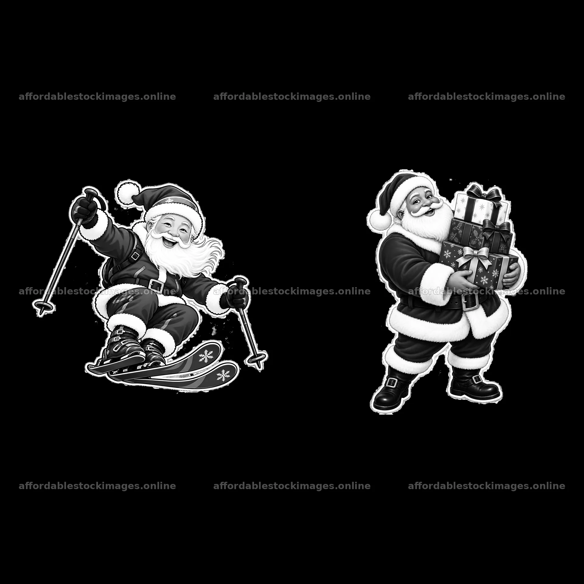 Santa Claus skiing and carrying gifts in black and white – stock images 7746x7746