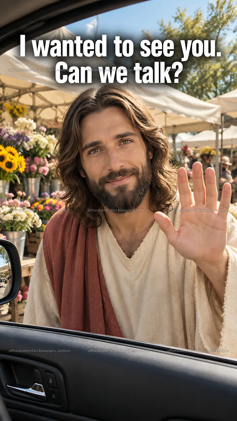 Jesus Christ inviting conversation at a flower market – stock images 5811x10326