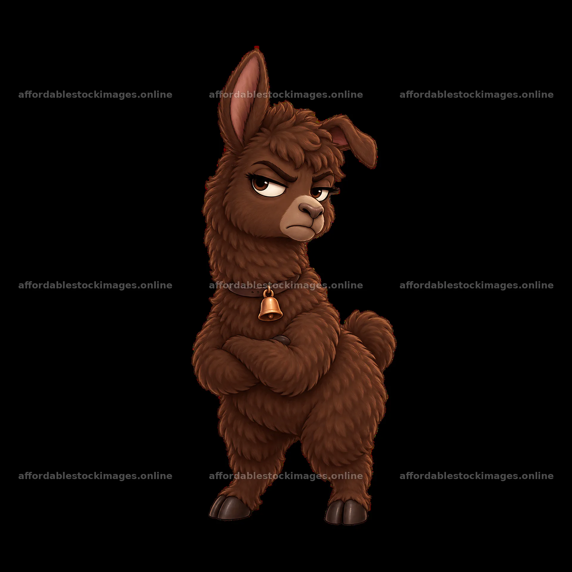 Grumpy brown llama character with a bell and crossed arms – stock images 7746x7746