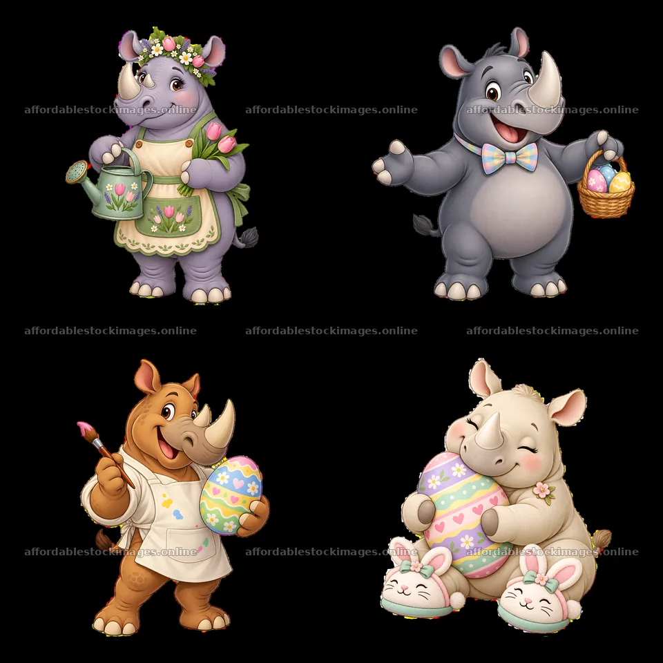 Rhinoceros characters celebrating Easter with eggs and flowers – stock images 7746x7746