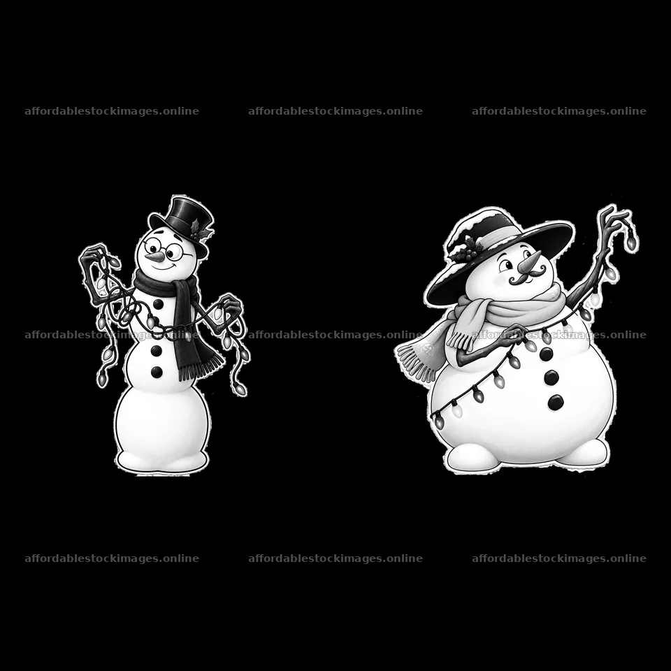Snowmen with string lights holding decor in winter setting – stock images 7746x7746