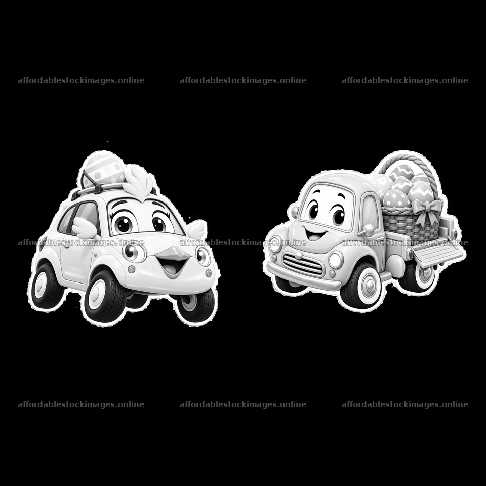 Easter car with smiling characters and basket of eggs – stock images 7746x7746