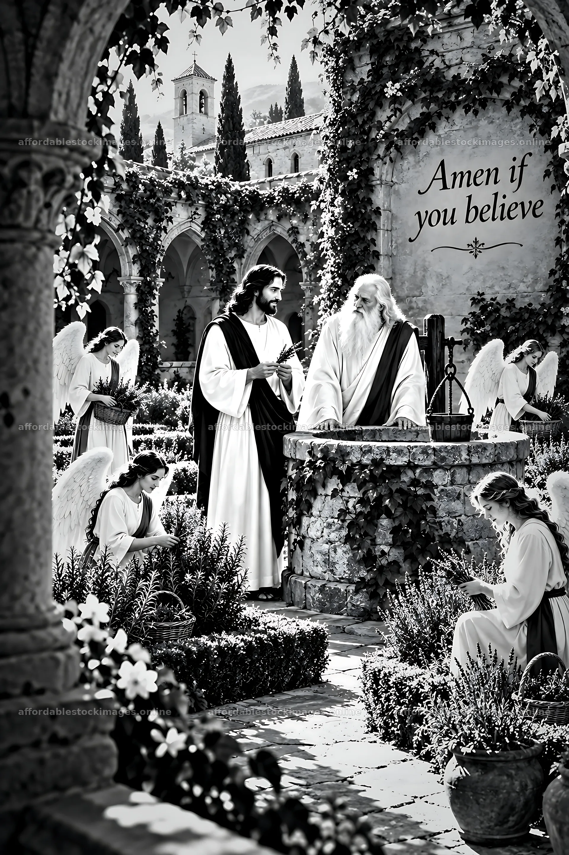 Cloister gathering with figures and angels in the garden – stock images 6480x9722