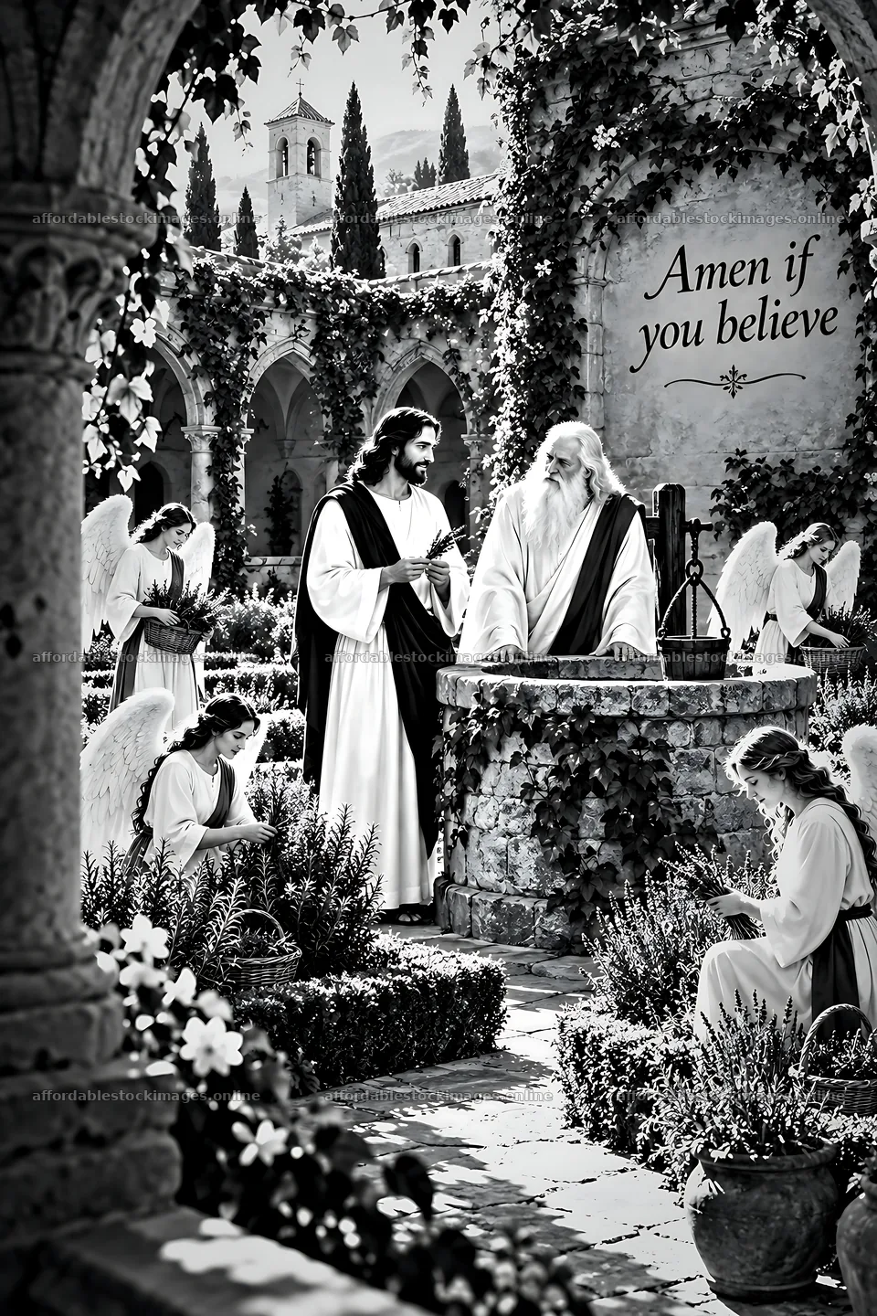 Cloister gathering with figures and angels in the garden – stock images 6480x9722