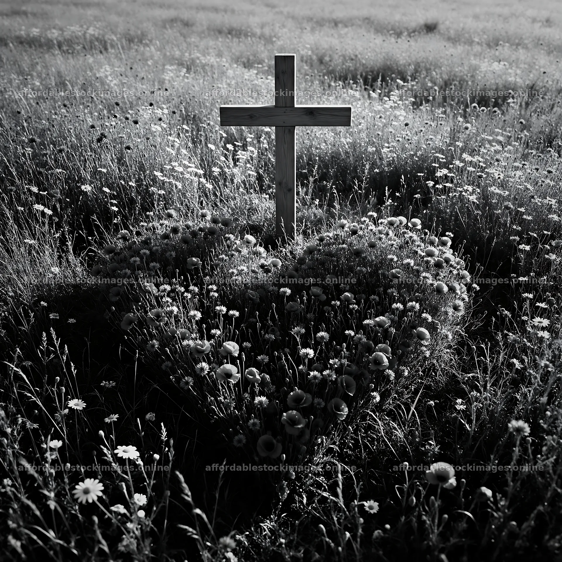 Christian cross in meadow with light rays shining down – stock images 7938x7938