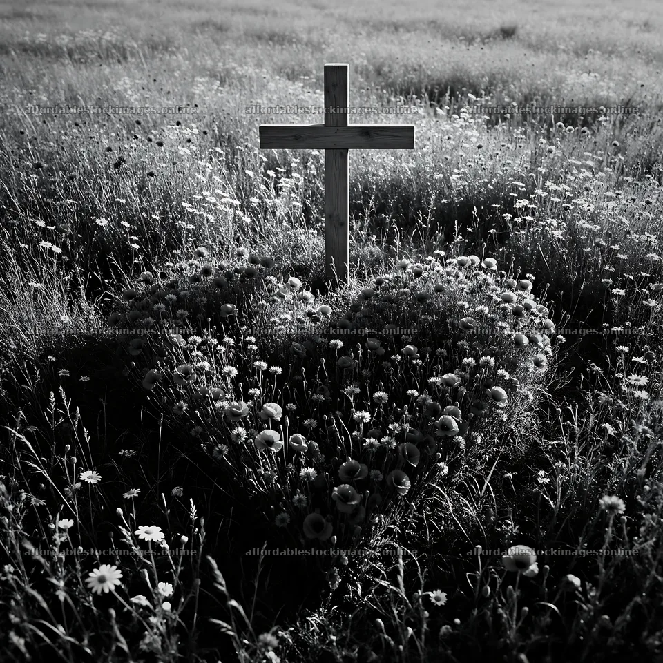 Christian cross in meadow with light rays shining down – stock images 7938x7938