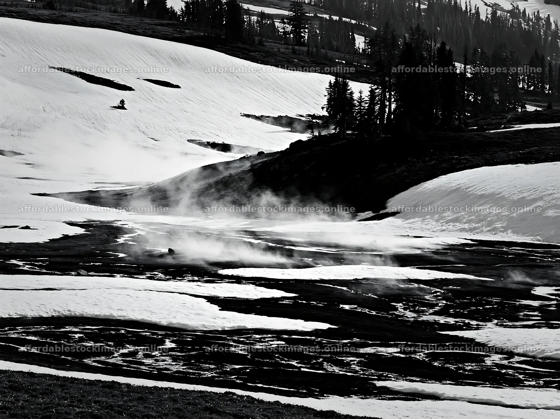 Black and white landscape in a meadow with snow and steam – stock images 9174x6866