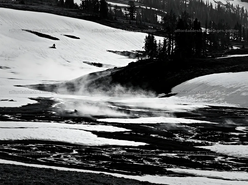 Black and white landscape in a meadow with snow and steam – stock images 9174x6866