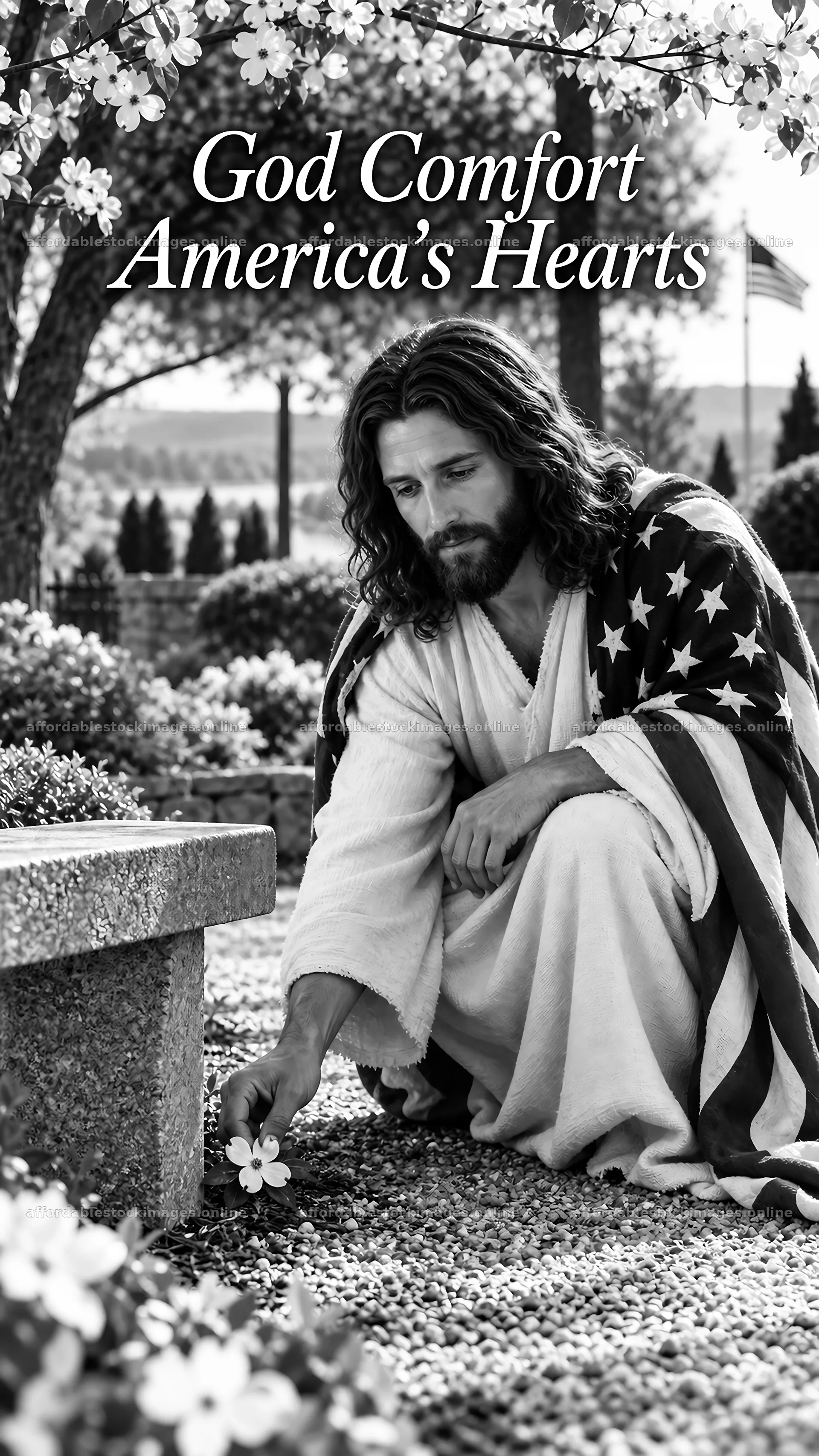 Jesus Christ comforting hearts in a garden scene – stock images 5811x10326