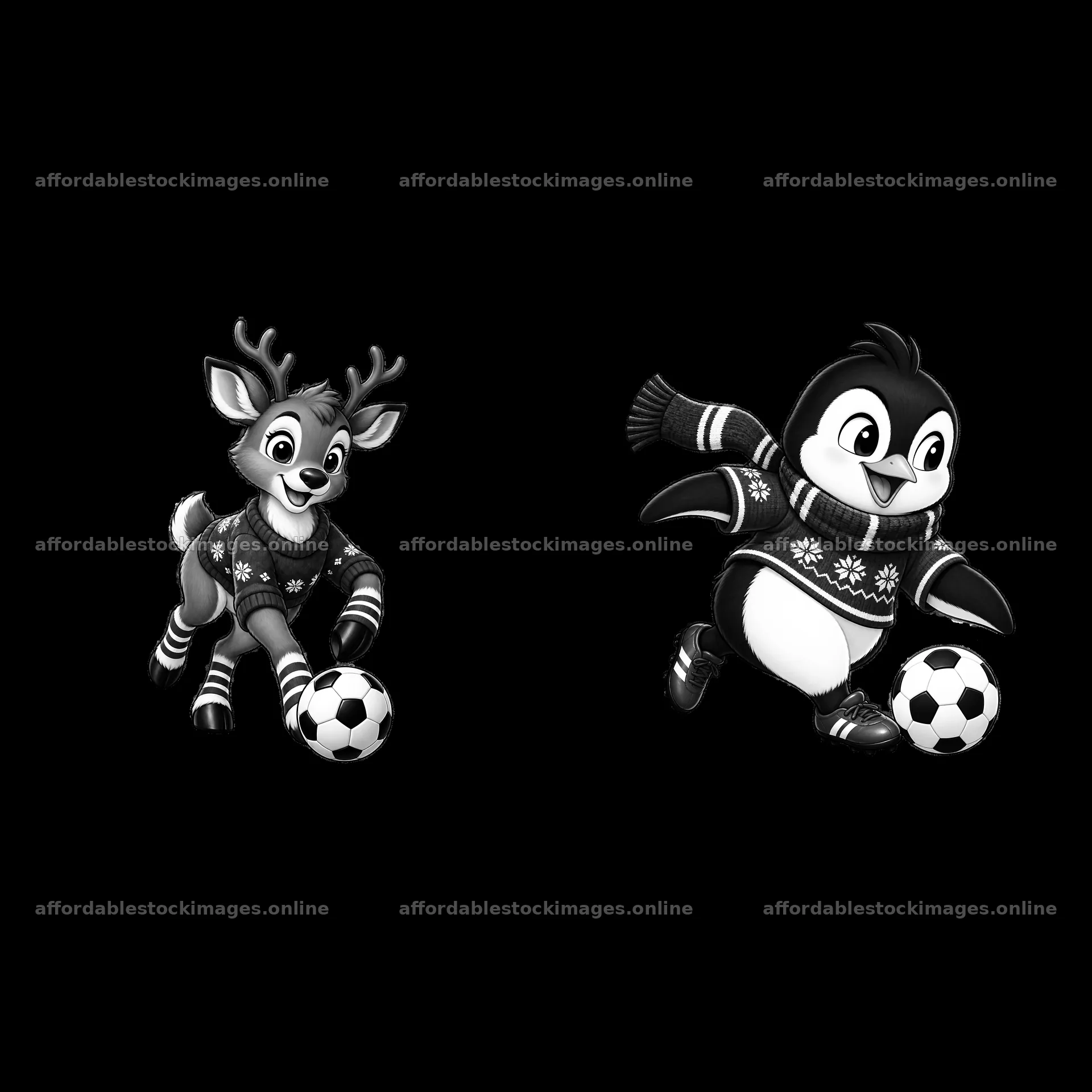 Soccer-playing reindeer and penguin with Christmas sweaters – stock images 7746x7746