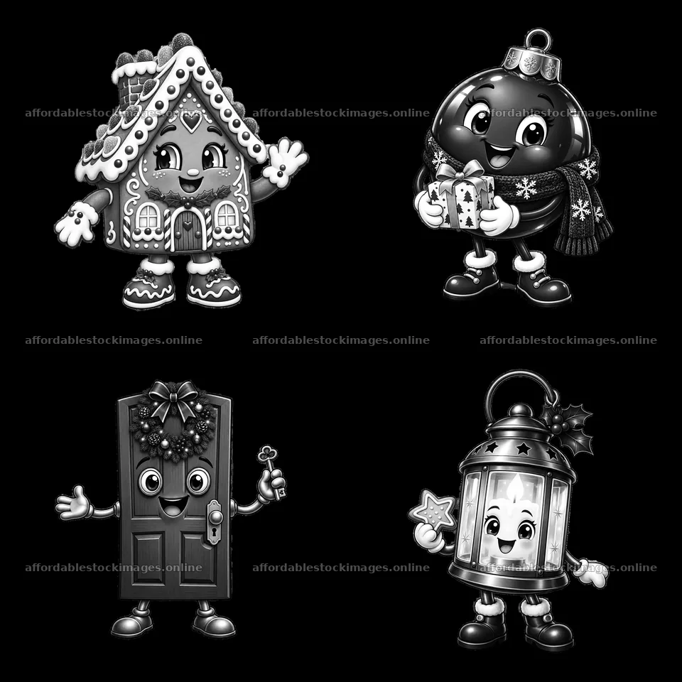 Cartoon Christmas house characters in black and white design – stock images 7746x7746