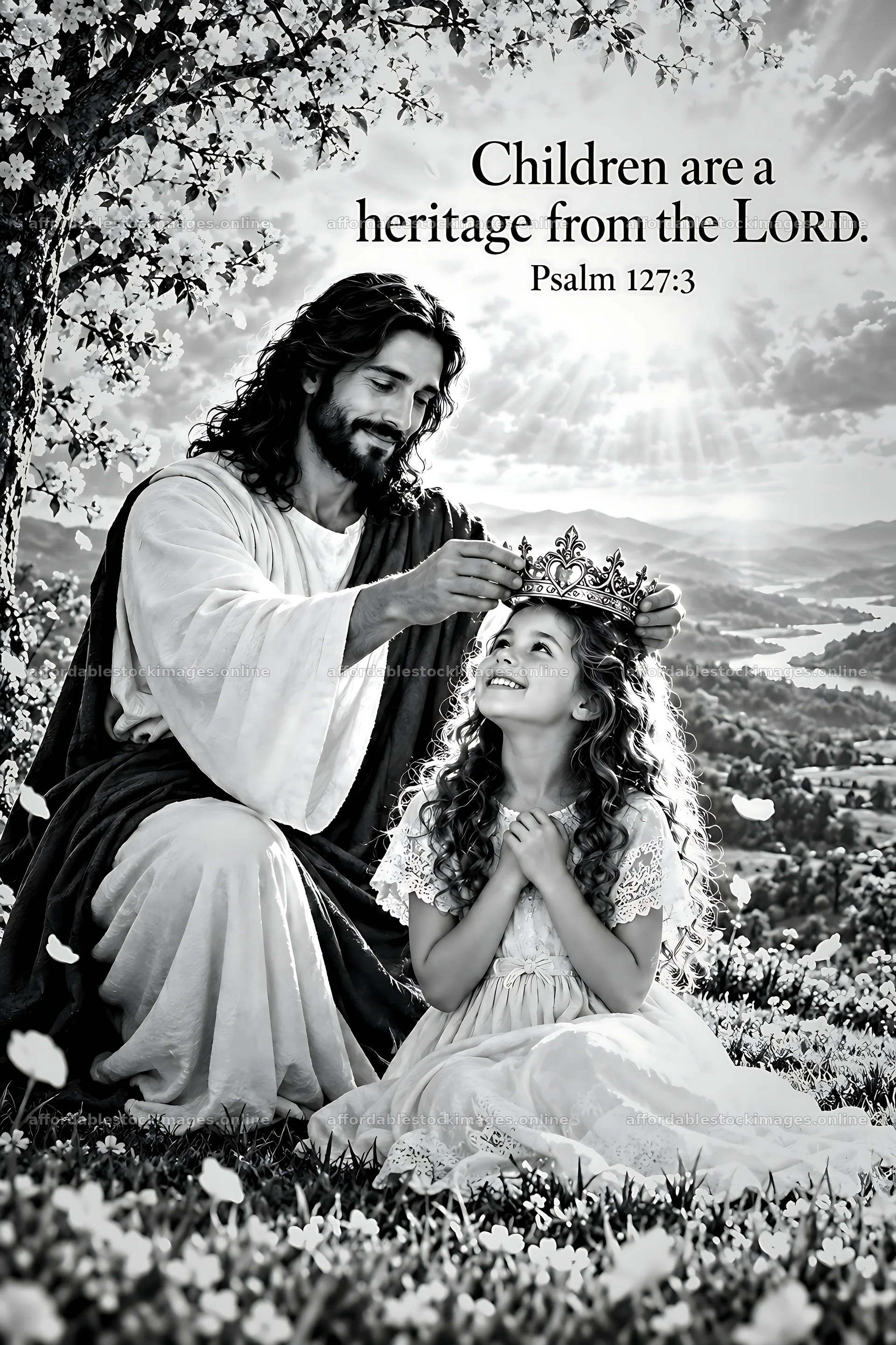 Jesus Christ crowns a young girl in a peaceful garden – stock images 6480x9722