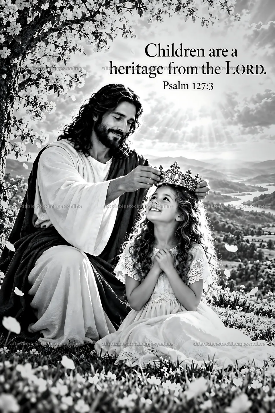 Jesus Christ crowns a young girl in a peaceful garden – stock images 6480x9722