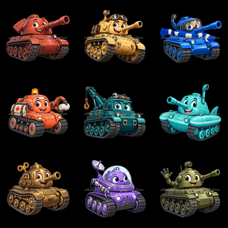 Cartoon tank characters in a 3x3 grid displaying various colors – stock images 7746x7746