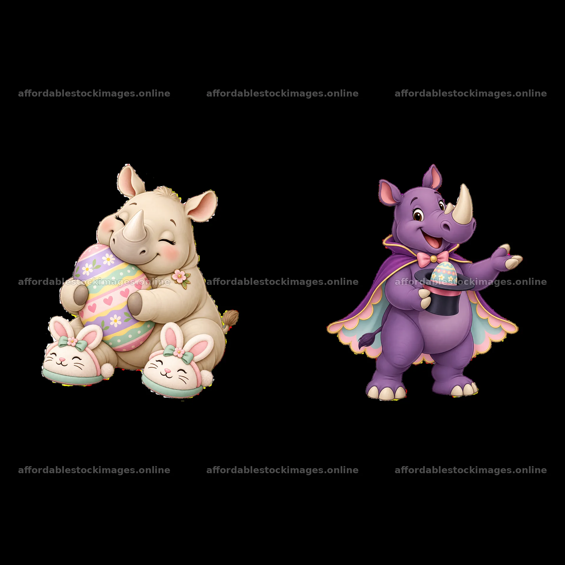 Easter rhinoceros characters with eggs and bunny slippers – stock images 7746x7746
