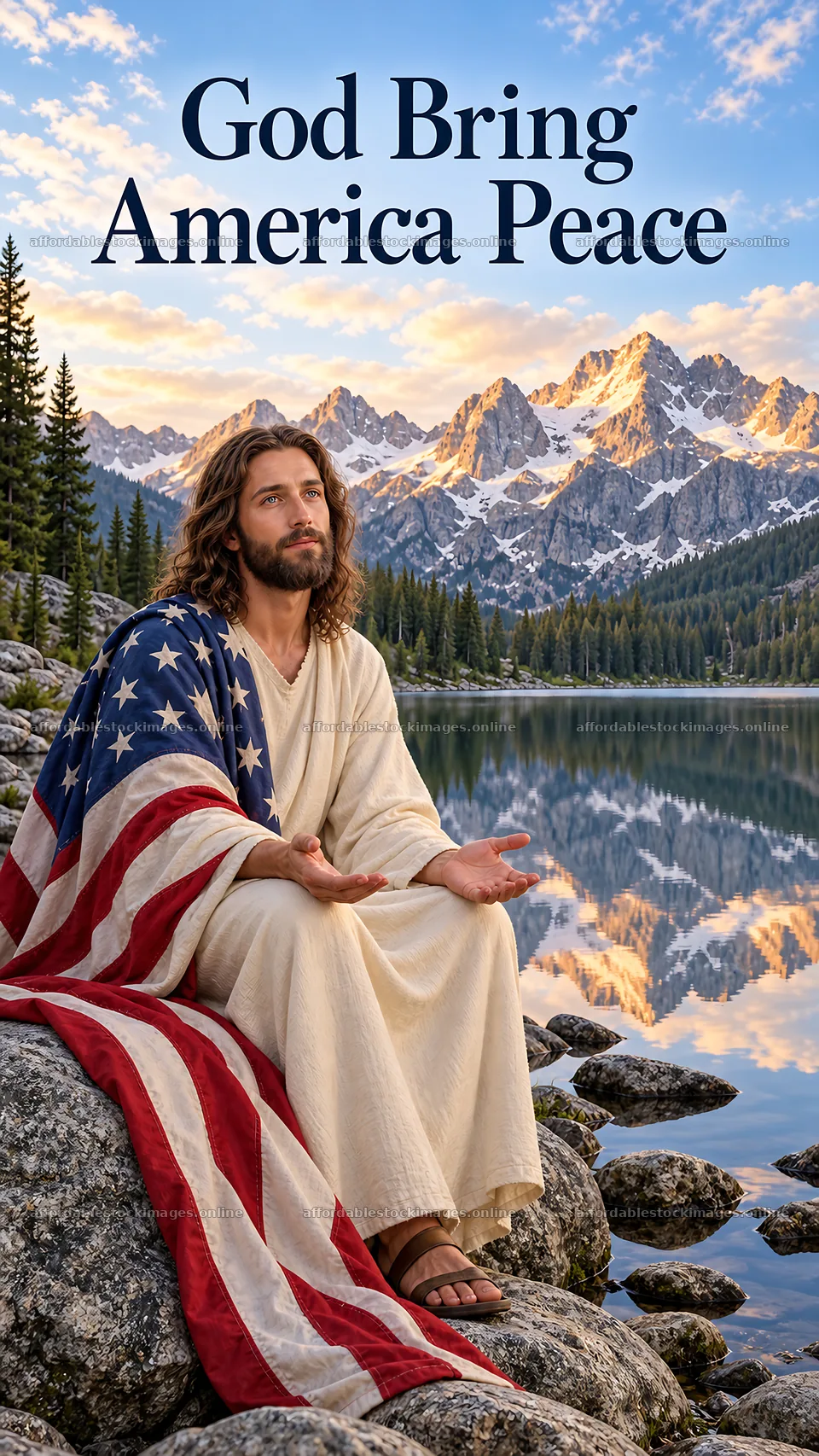 Jesus Christ asking for peace in a scenic mountain setting – stock images 5811x10326