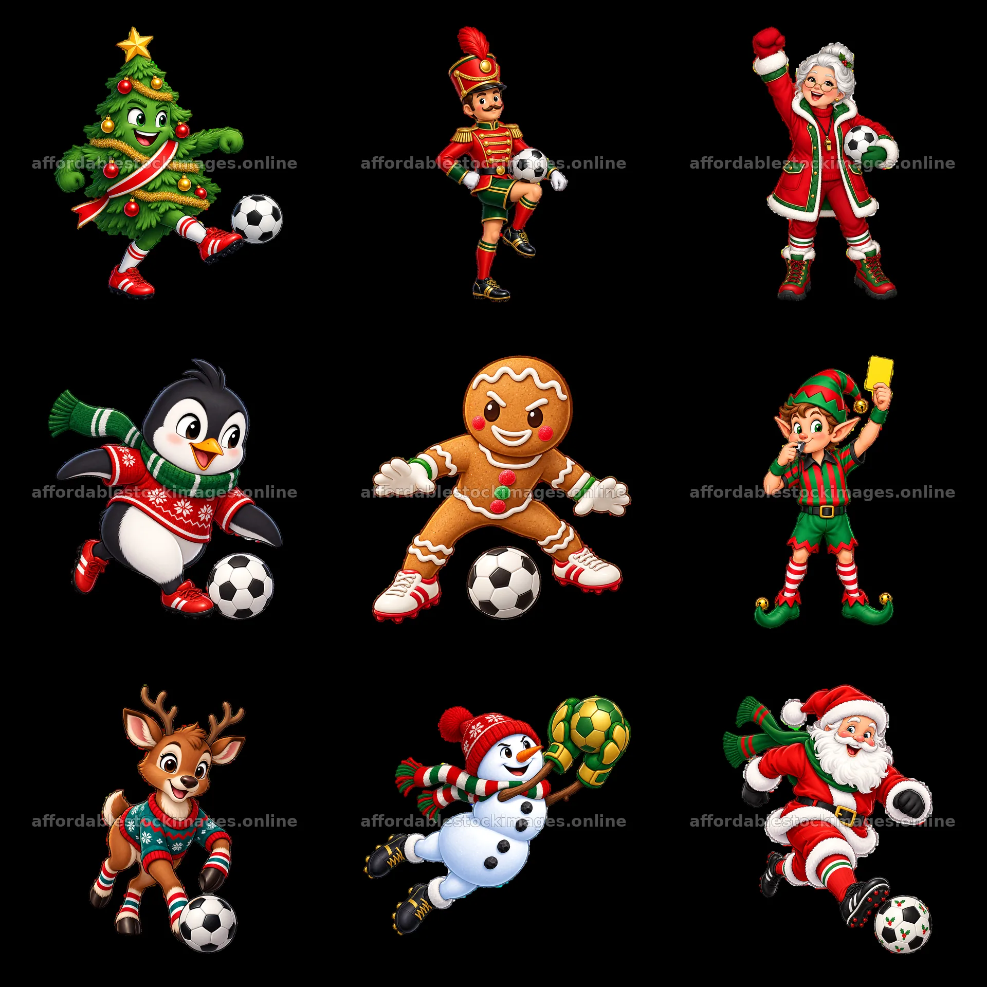 Christmas soccer characters in a 3x3 cartoon sticker layout – stock images 7746x7746