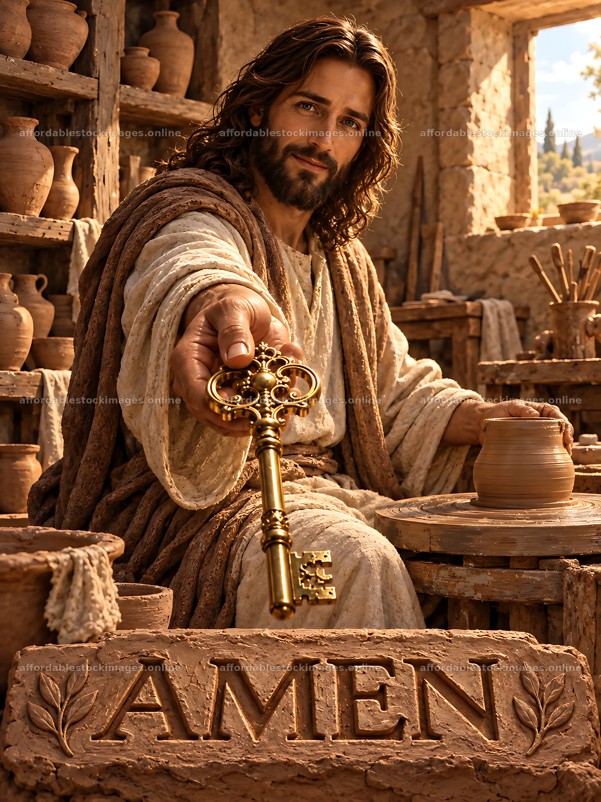 Artwork of a man holding a large key in a pottery workshop – stock images 6874x9166