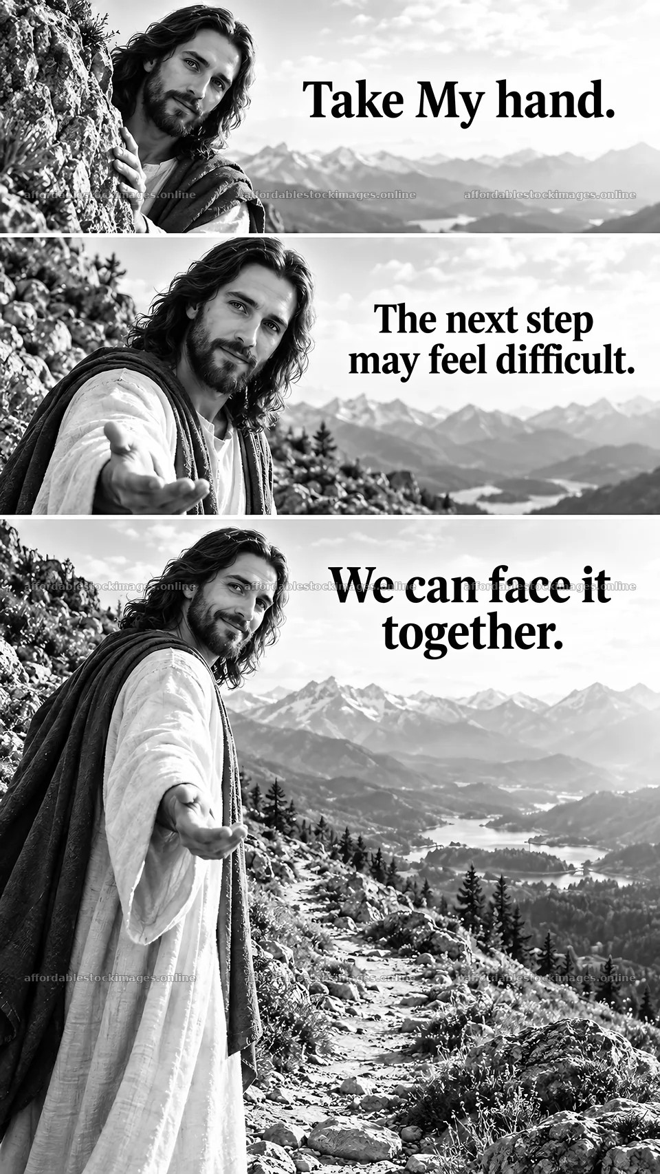 Jesus Christ offering comfort on a mountain path – stock images 5811x10326