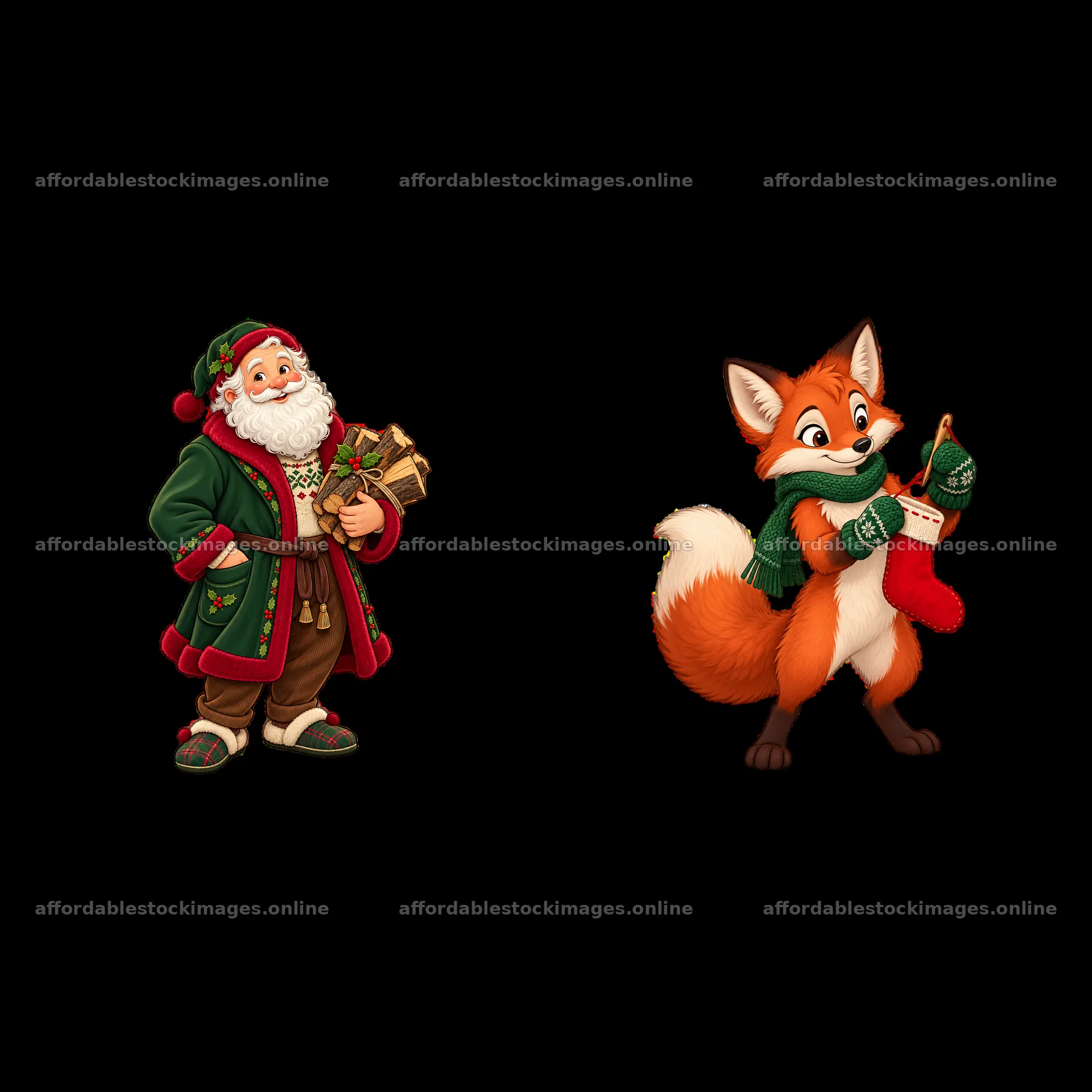 Santa and a fox holding a Christmas stocking by the fireplace – stock images 7746x7746