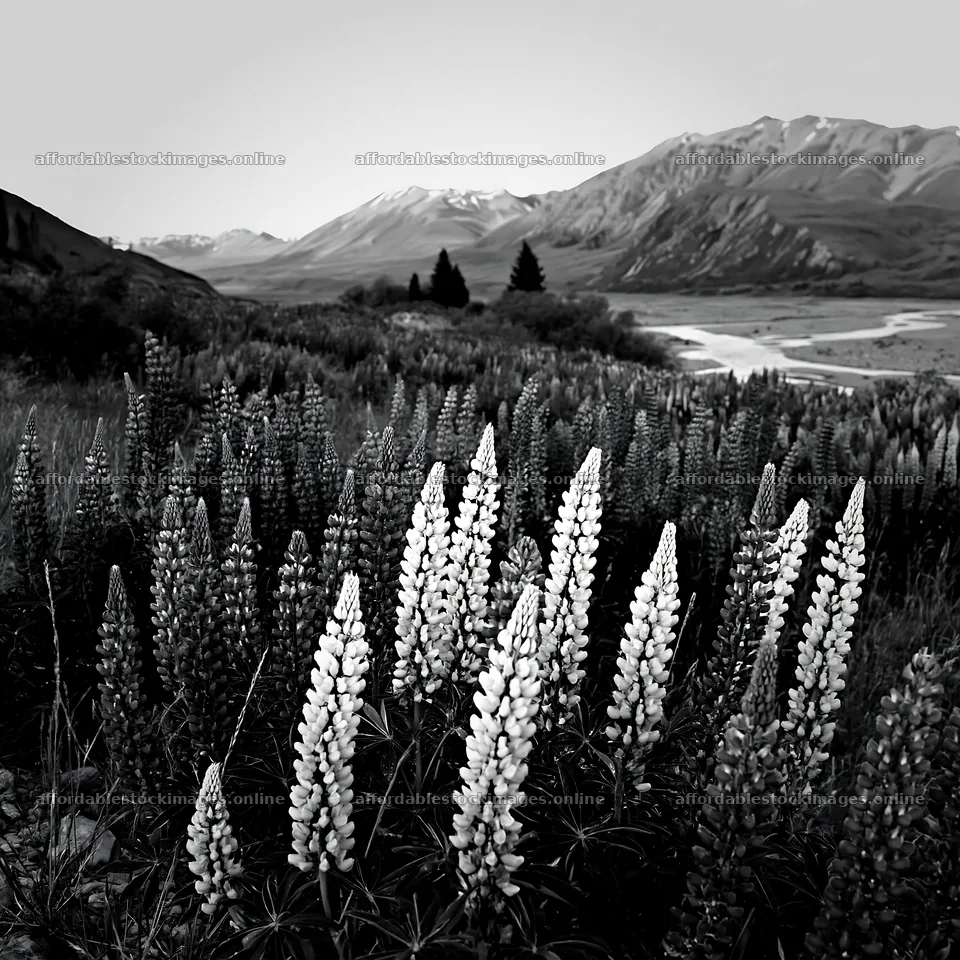 Lupin meadow in foreground with mountain landscape in background – stock images 7938x7938