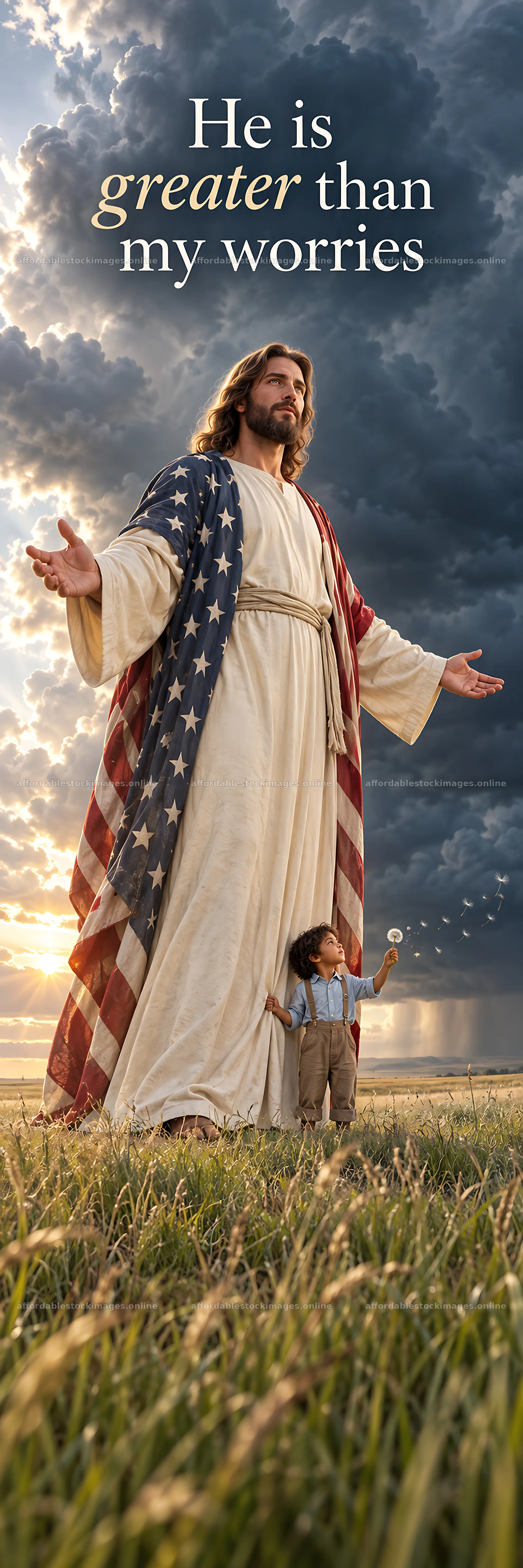 Jesus Christ welcomes a child with open arms in a field – stock images 4472x13417