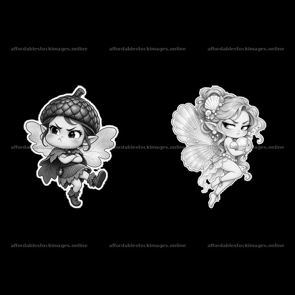 Grumpy fairy pair with acorn hat and shell wings in black and – stock images 7746x7746
